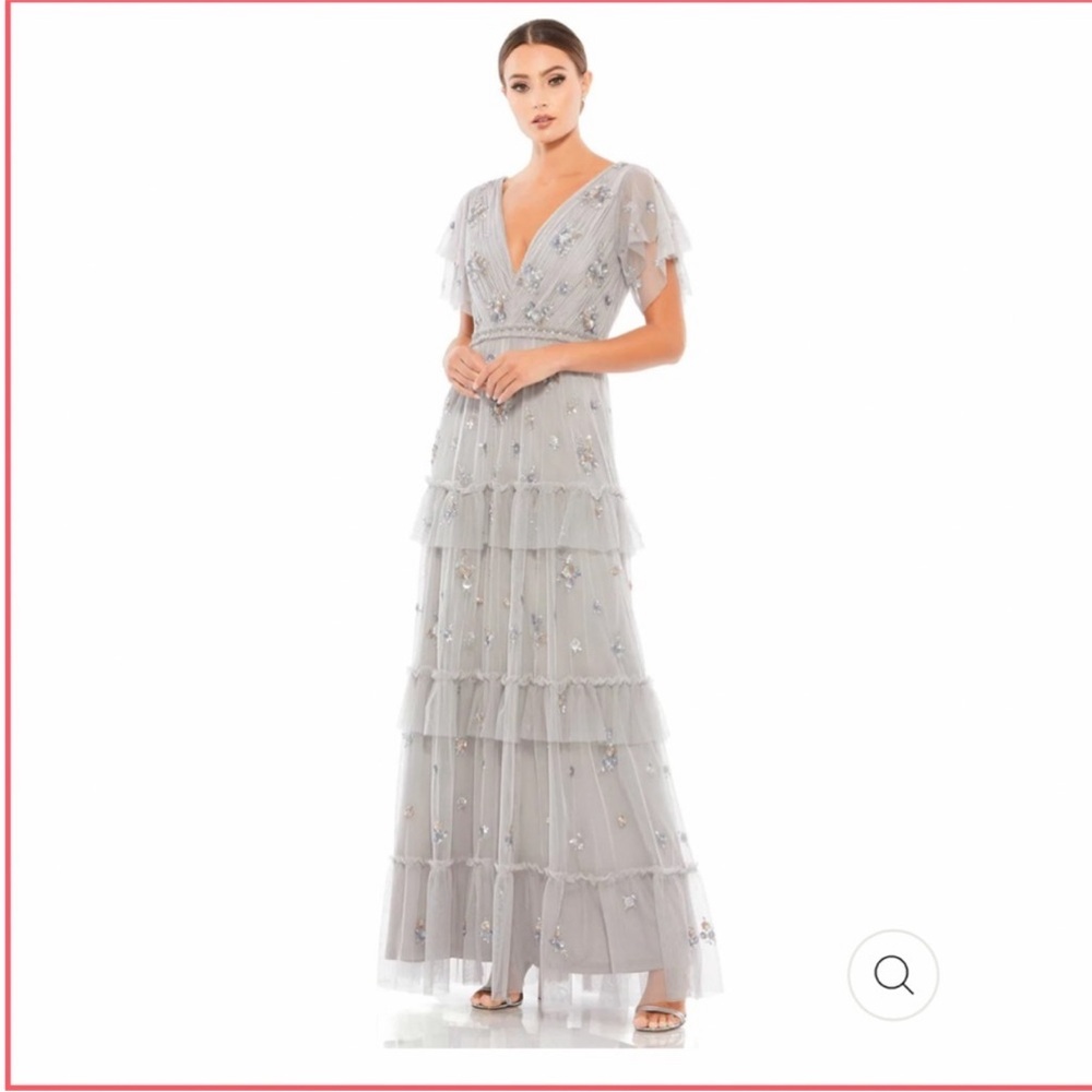 Mac Duggal Ruffle Tiered Embellished Flutter Sleeve Gown 9068 Grey 12